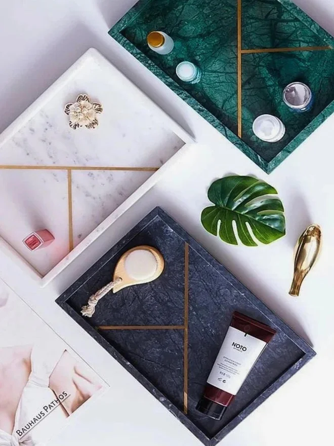 1Chase 1CHASE Rectangular Marble Stone Tray with Gold Pattern